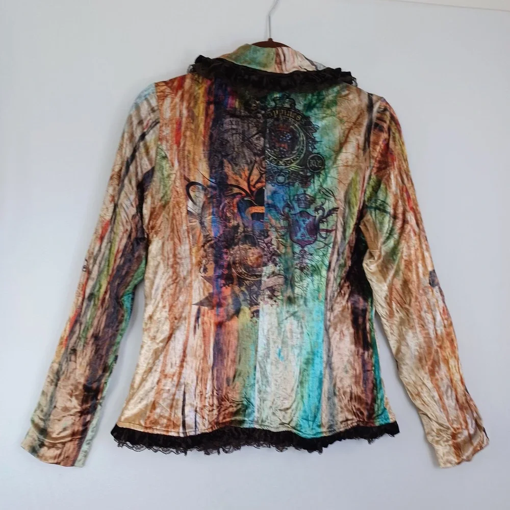 Albert Makali Womens Artistic Abstract Print Ruffle Lace Trim Blazer Jacket M
